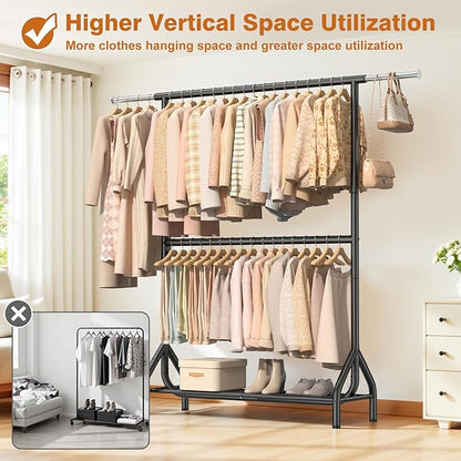 EAGMAK Double Rod Clothing Rack Load 622 LBS, Heavy Duty Clothes Rack for Hanging Clothes, 82.68 inch High Garment Rack with Sotrage Shelves, Metal Clothing Hanger Closet Wardrobe Organizer (Black)