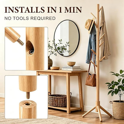 2 PC Wooden Coat Rack Freestanding with 8 Hooks & 3 Adjustable Sizes for Clothes, Space-Saving Design for Bedroom Office Entrance Holds Hats Coats Scarves Bags