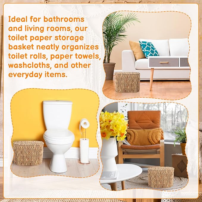 2 Pcs Toilet Paper Storage Baskets with Lids and Built-in Handles Water Hyacinth Toilet Paper Baskets for Bathroom Home Accessories Organizer