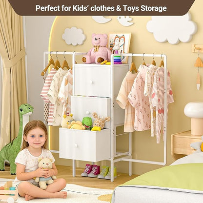 48.03” W Dresser with 2 Hanging Racks, 3 Drawers Dresser Closet for Bedroom, Fabric Kids Chest of Drawers with Clothes Rack, Small Dresser with Wooden Top, White Dresser for Bedroom
