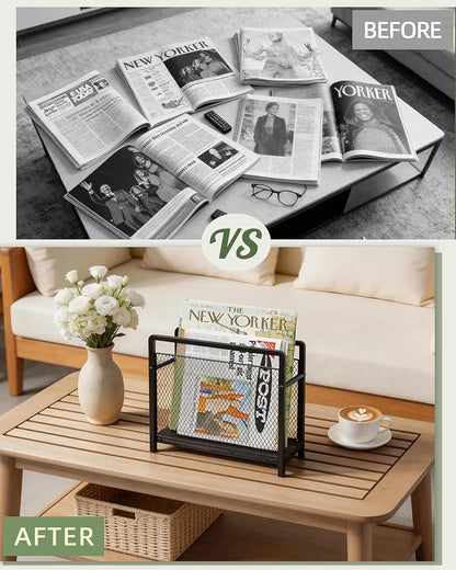 Magazine Holder, Magazine Rack Floor, Metal Mesh with Wood Base Magazine Storage Basket, Folder Organizer Bin for Books, Newspapers, Mails, Files, Black