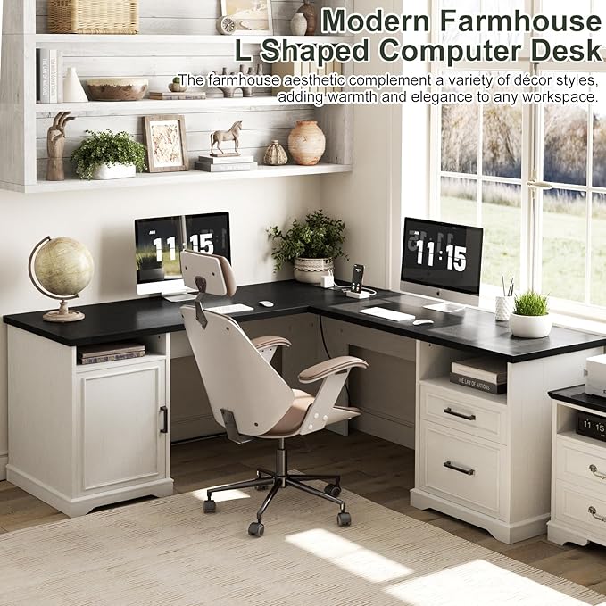 Unikito Farmhouse L Shaped Executive Desk with File Drawers, 60" Corner Computer Desk with Power Outlets, Large 2 Person Home Office Table with Storage Cabinet, Sturdy Writing Desks, White and Black