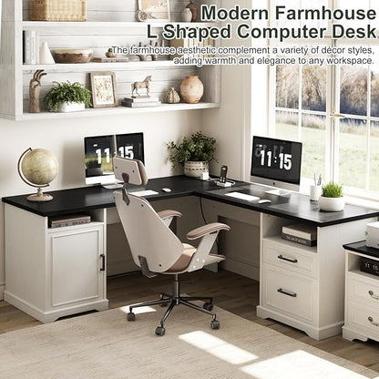 Unikito Farmhouse L Shaped Executive Desk with File Drawers, 60" Corner Computer Desk with Power Outlets, Large 2 Person Home Office Table with Storage Cabinet, Sturdy Writing Desks, White and Black