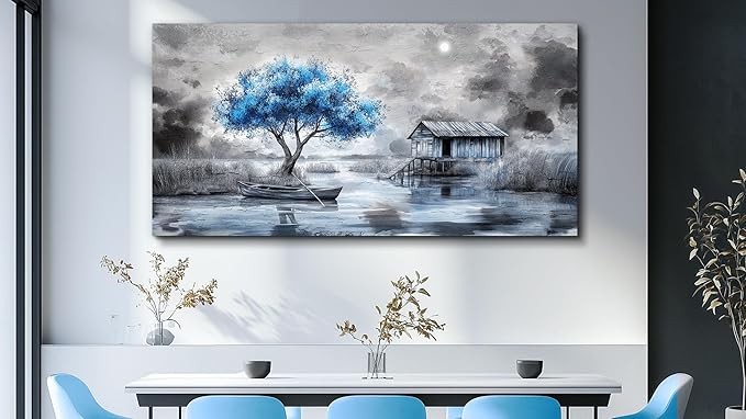 QIYILEXWART Large Wall Decor For Living Room Stretched And Framed Canvas Wall Art For Office Wall Decorations For Bedroom The Blue Tree Paintings The Hut Picture Artwork Home Decor Ready To Hang