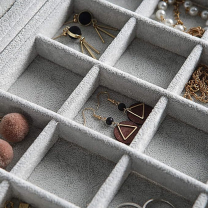 Frebeauty Velvet Jewelry Tray,24 Grid Jewelry Organizer with Clear Lid,Earring Holder Organizer with Clasp,Drawer Insert Rings Pendants Brooches,13.8 x 9.5 x 2 Inches,Gift for Women Girls(Grey)