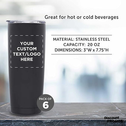 Custom Pipette Stainless Steel Coffee Tumblers 20 oz. Set of 6, Personalized Bulk Pack - Double Wall, Perfect for Coffee, Hot Cocoa, Other Hot & Cold Beverages - Black