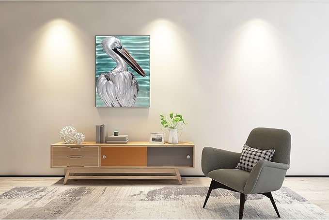 SYGALLERIER Metal Wall Art - Handcrafted Pelican Birds on 24x16 inch Aluminum Panel Coastal and Beach Theme - Light Blue Living Room, Bedroom, Bathroom Decor
