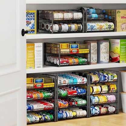 JKsmart 2-Tier Stackable Can Rack Organizer for Pantry, Adjustable Can Dispenser Holds Up to 60 Cans, Can Storage Holder for Various Ounces of Canned Food Soda Drinks, Black, 2 Pack