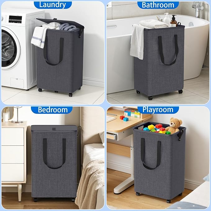 Laundry Basket with 5 Wheels, Tall Dirty Laundry Hamper, Rolling Laundry Basket with Lid, Collapsible Clothes Hamper for Bathroom Bedroom Dorm Laundry Room, Light Gray, 75L