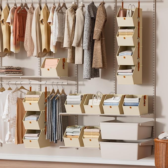 Hanging Closet Organizer 4 Tier - Clothes Hanging Shelves, Space-Saving Closet System, Fabric Storage Bins Bedroom Organization, Collapsible Baskets for Home, Dorm, Rv, Beige, 2 Pack
