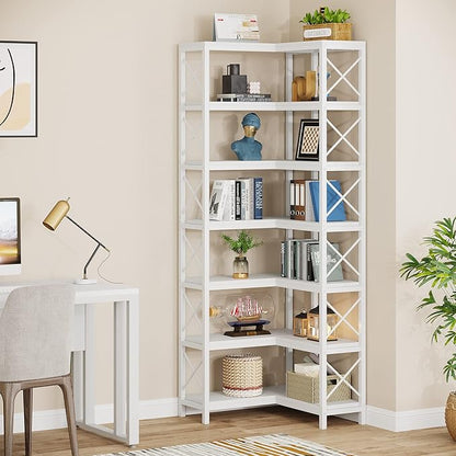 Tribesigns 7-Shelf Corner Bookshelf,Large Modern Corner Bookcase, 7-Tier Tall Corner Shelf Storage Display Rack with Metal Frame for Living Room Home Office (White)