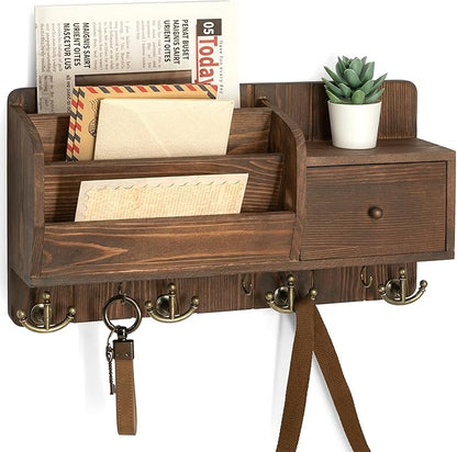 Rebee Vision Pine Wood Key Holder Wall Mount with Mail Sorter for Home Decor- Rustic Key and Mail Holder for Wall with Hooks and Drawer Organizer - Ideal for Apartment Essentials (Retro Brown)