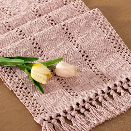 Socomi Boho Table Runner Valentine's Day Farmhouse Rustic Dining Kitchen Centerpiece Decor Small Macrame Woven Cotton Linen Coffee Table Runner for Dresser Scarf Home Decor 12x72 in Pink