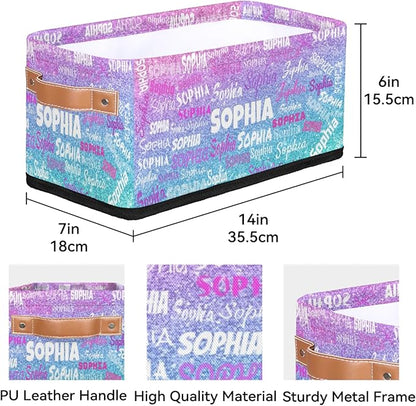 Personalized Small Kids Toys Box with Name, Custom Nursery Baskets, Women Makeup Organization Custom Storage Toilet Paper Organizer, Gradient Violet Pink Blue Glitters