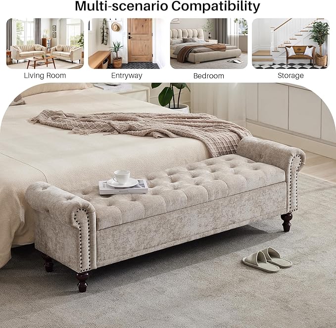 Storage Bench for Bedroom, 67" End of Bed Bench King Size, Upholstered Chenille Storage Ottoman with Tufted Cushioned Rolled Arm Large Storage Space for Living Room Entryway, Light Brown