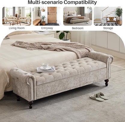 Storage Bench for Bedroom, 67" End of Bed Bench King Size, Upholstered Chenille Storage Ottoman with Tufted Cushioned Rolled Arm Large Storage Space for Living Room Entryway, Light Brown