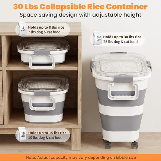 30 Lbs Rice Storage Container with Wheels, Collapsible Airtight Dog Food Storage Container with Transparent Lid, Measuring Cup, Scoop, Handle, BPA Free Rice Holder for Pet Food, Grain, Bird Seed