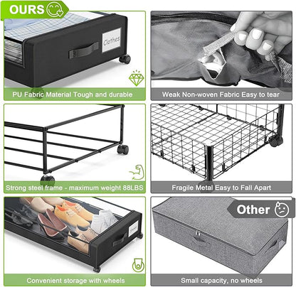 YAASHEEN Under Bed Storage with Wheels, 4-Pack Under the Bed Storage Containers with Clear Lids & Label, Underbed Storage Bins, XXL 60L Rolling Metal Drawer for Clothes, Shoes, Toys, Books - Black