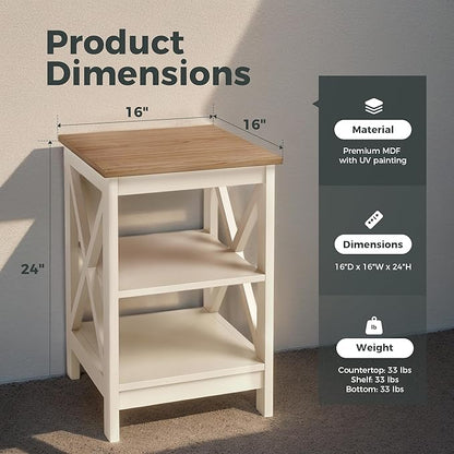 MAISON ARTS End Tables, Farmhouse Nightstand Set of 2, Small Side Table Living Room 3-Tier Modern Bed Side Table Nightstands for Bedroom, Sofa End Tables Set, Ivory White