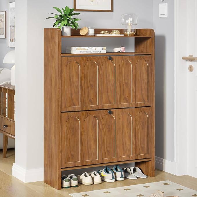 Shoe Storage Cabinet for Entryway with 2 Flip Drawers, Narrow Shoe Cabinet with Open Storage for Entryway