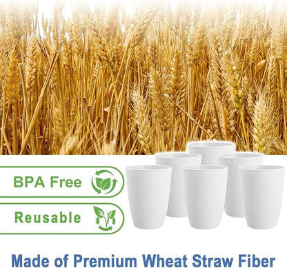 Drinking Glasses - Wheat Straw Cups Set of 6, Unbreakable Plastic Tumbler, Alternative to Plastic Glasses Drinking Reusable, Drinking Cup Dishwasher Safe Plastic Cups 12 OZ - White