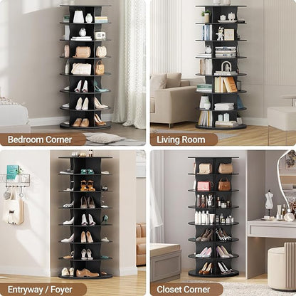 7-Tier Rotating Standing Shelf Unit with Dividers, 360° Storage Display Tower Vertical Floor Organizer, for Bedroom, Closet, Entryway & Office, Ideal for Shoes, Cosmetics & Handbags, Black