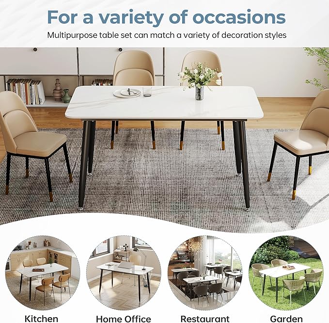 Dining Table, Sintered Stone Kitchen Table, 55'' White Modern Rectangular Slate Patio Table with Metal Legs, Indoor Outdoor Stone Dining Table for Patio, Backyard, Scratch and Heat Resistant
