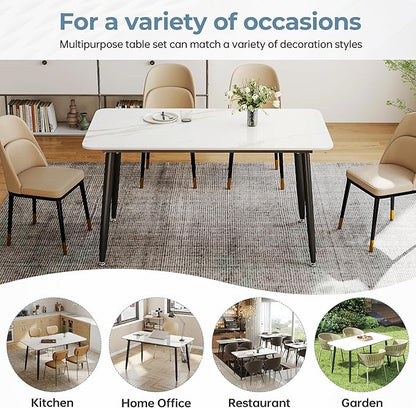 Dining Table, Sintered Stone Kitchen Table, 55'' White Modern Rectangular Slate Patio Table with Metal Legs, Indoor Outdoor Stone Dining Table for Patio, Backyard, Scratch and Heat Resistant