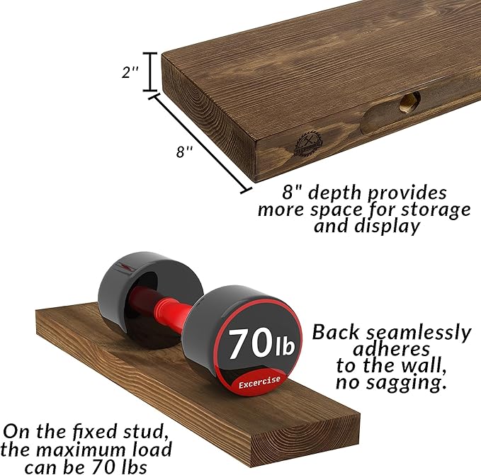 Walnut Floating Shelves 60 Inch Long 8-in Deep Set of 2, High End Real Solid Wood Floating Shelves for Wall,Suitable for Kitchen and Coffee Bar, with Sturdy Hidden Bracket