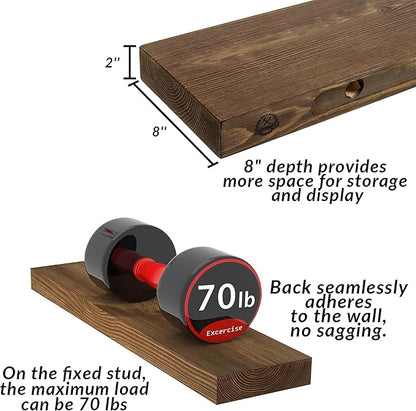 Walnut Floating Shelves 60 Inch Long 8-in Deep Set of 2, High End Real Solid Wood Floating Shelves for Wall,Suitable for Kitchen and Coffee Bar, with Sturdy Hidden Bracket