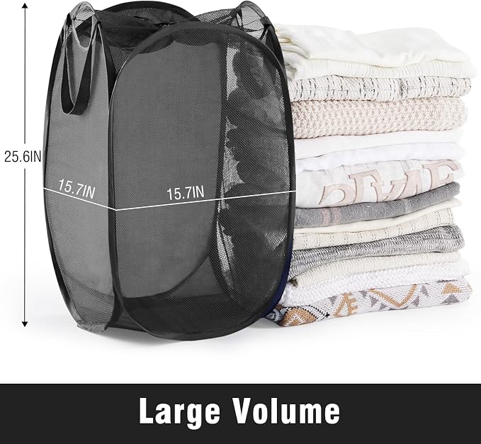 TECHMILLY Collapsible Mesh Pop Up Laundry Hamper with Sturdy Handles and Side Pocket - Portable Foldable Clothes Baskets for Dorm, Bathroom & Travel Storage (with Drawstring, Black, 3 Packs)