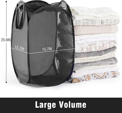 TECHMILLY Collapsible Mesh Pop Up Laundry Hamper with Sturdy Handles and Side Pocket - Portable Foldable Clothes Baskets for Dorm, Bathroom & Travel Storage (with Drawstring, Black, 3 Packs)