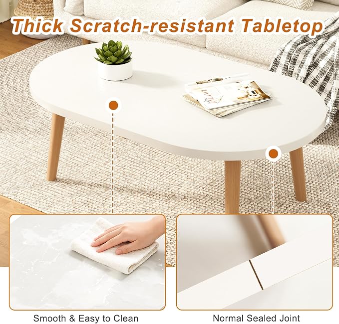 Coffee Table Low Table with Solid Wood Legs, 31.5x19.7 Large Coffee Table Side Table, Floor Table Desk for Sitting on The Floor, Living Room Furniture for Office Apartment Home, Oval White