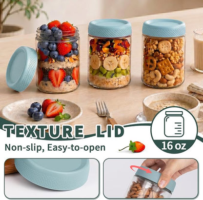 16 oz Mason Jars, 6 Pack Overnight Oats Containers with Lids for Yogurt, Parfait Cup With Lids for Breakfast, Clear Glass Jars Round for Storage, Sugar, Prep Meal, Food, Pudding, Home, Blue