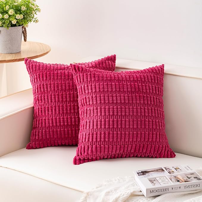 Aegero Pack of 2 Corduroy Decorative Throw Pillow Covers 16x16 Inch Soft Striped Pillow Covers Modern Farmhouse Home Decor for Sofa Living Room Couch Bed（Rose Red）