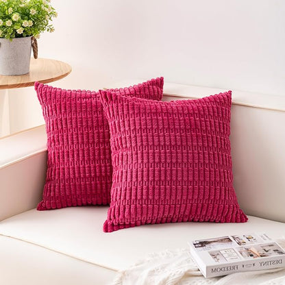 Aegero Pack of 2 Corduroy Decorative Throw Pillow Covers 16x16 Inch Soft Striped Pillow Covers Modern Farmhouse Home Decor for Sofa Living Room Couch Bed（Rose Red）
