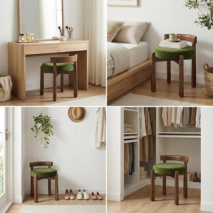 HNY Velvet Makeup Stool in Vintage Green: Compact Round Ottoman Chair with Wooden Legs, Perfect for Small Spaces Like Entryway, Cloakroom & Boudoir