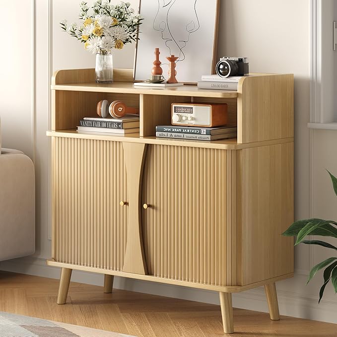 39" Buffet Sideboard Cabinet, Mid Century Modern Console Cabinet with Roller Shutter Sliding Doors & Adjustable Shelves for Kitchen Cabinets, Living Room, Entryway, Coffee Bar Cabinet (Oak)