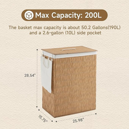 Laundry Hamper with Lid, 52.8 Gallon(200L) Large Laundry Basket 2 Removable Liner Bags, Synthetic Rattan Clothes Hamper with Side Pocket, laundry organization for bathroom, laundry room, Natural