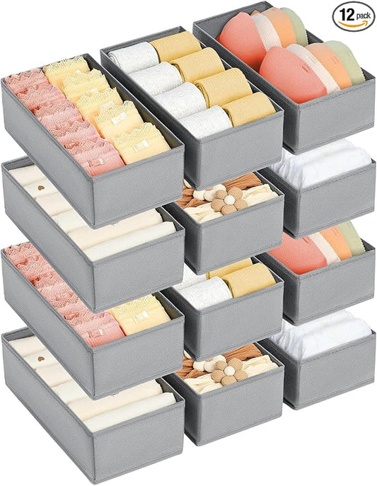 DIMJ Drawer Organizer Clothes - Underwear Organizer Small Sock Organizer Closet Organizers and Storage Box Dresser Drawer Dividers for Baby Clothes,Bra,Socks, Belt, Tie, Set of 12, Grey