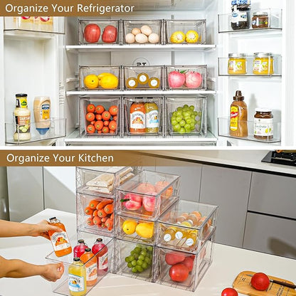 Clemate 4Pack Stackable Kitchen Storage Organizer, Pantry Organizers and Storage, Clear Foods Organizer Bins with Handles, Easily Assemble for Bathroom, Kitchen, Pantry, Cabinet, Closet
