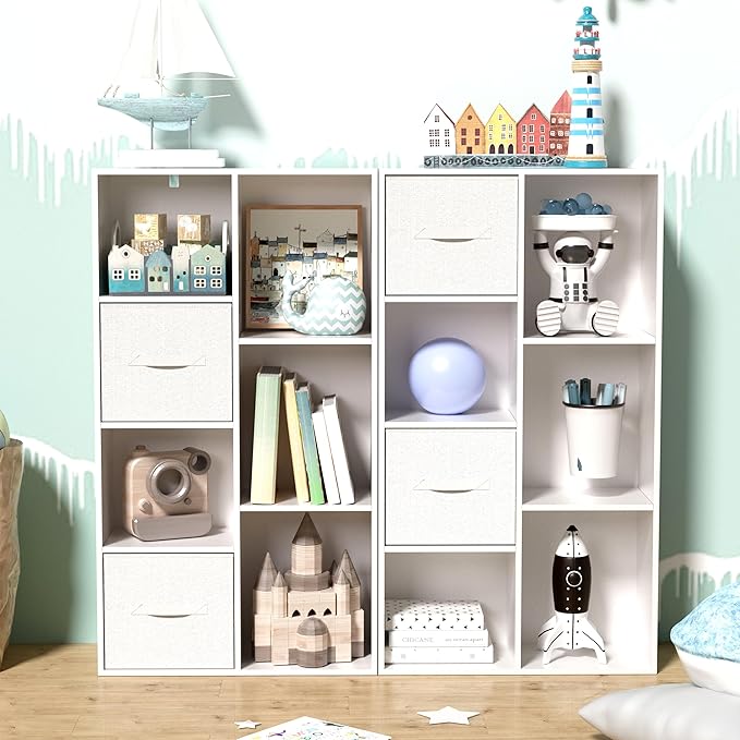 Cube Bookshelf, White Wooden Cube Storage Organizer, Freestanding Book Shelf, Cubby Shelf, Perfect Shelves for Bedroom, Kids Room, Closet, Classroom & Office (7-Cube)