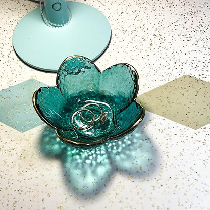 Small Green Flower Jewelry Dish, Glass Jewelry Ring Tray Trinket Bowl, Nightstand Decor Ring Holder for Women, Home Decor Gifts for Women, Wedding, Birthday, Mothers Day, Christmas, Thanksgiving