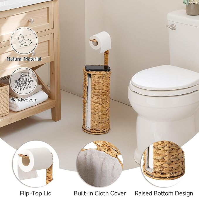 StorageWorks Wicker Water Hyacinth Freestanding Toilet Paper Holder Stand with Storage, Farmhouse Covered Toilet Paper Stand for 4 Rolls with Cloth Lining, Tissue Holder for Bathroom Decor with Shelf