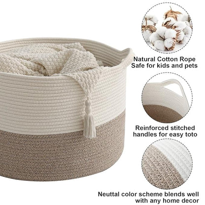 Large Woven Blanket Basket,65L Cotton Rope Laundry Basket Hamper with Handles, Decorative Nursery Basket Storage Bin for Toys, Clothes Organizer, Living Room, Bedroom, Bathroom, White & Brown