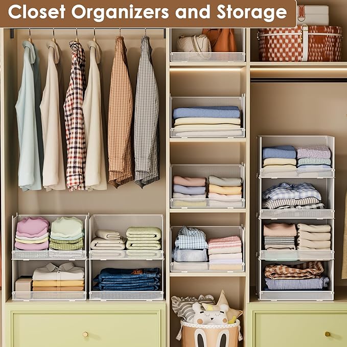 4-Tier Stackable Closet Organizers and Storage Shelves, Foldable Closet Shelf Organizer, Stackable Storage Bins Drawers for Closet Organizer System, White(Patent Pending)