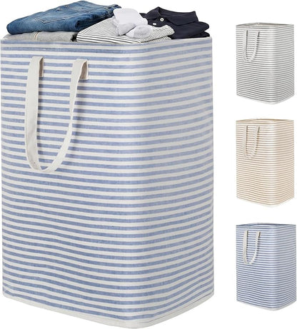 efluky Slim Laundry Basket, Narrow Laundry Hamper with Handles, Collapsible Dirty Clothes Hamper, Tall Laundry Bin for Laundry Room, Dorm and Bedroom, 80L, Striped Blue