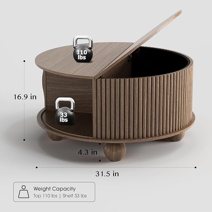 SULIVES Round Coffee Table with Storage, Unique Circle Coffee Table with Sliding Door,Fluted Accent Center Table with Bun Feet for Living Room, Walnut