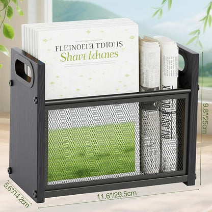 Magazine Rack & Holder, Mesh Magazine Rack Floor, Multi-Purpose Storage Organizer for Magazines, Books, Newspapers, Mail, Tablets | Magazines Storage Basket for Home, Office, Bathroom, Black Walnut