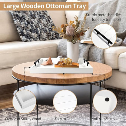 SXNOWS Coffee Table Tray - Large Ottoman Tray for Living Room - Wood Serving Tray with 2 Sets of Handles - Wooden Tray for Coffee Table, 4 Round Coasters Included, White